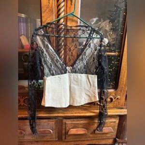 Vtg Leather  Gallery Lace Top Biker Goth Suzy Punk. Black&beige